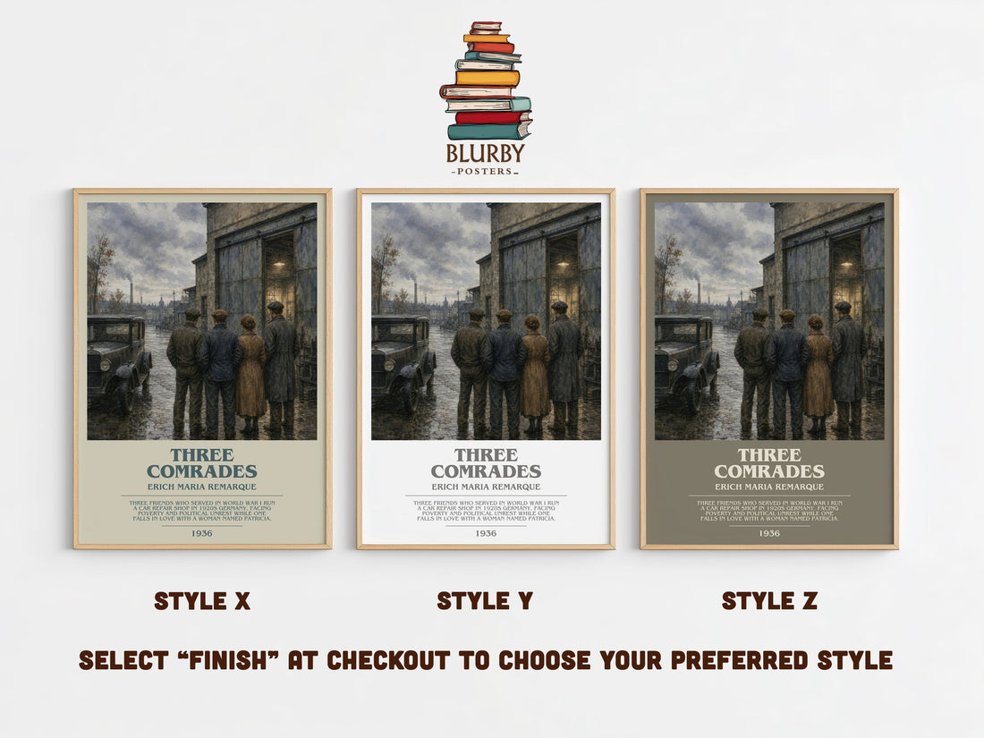 Three Comrades bookish print in frame leaning in hallway – historical fiction wall art (mockup)