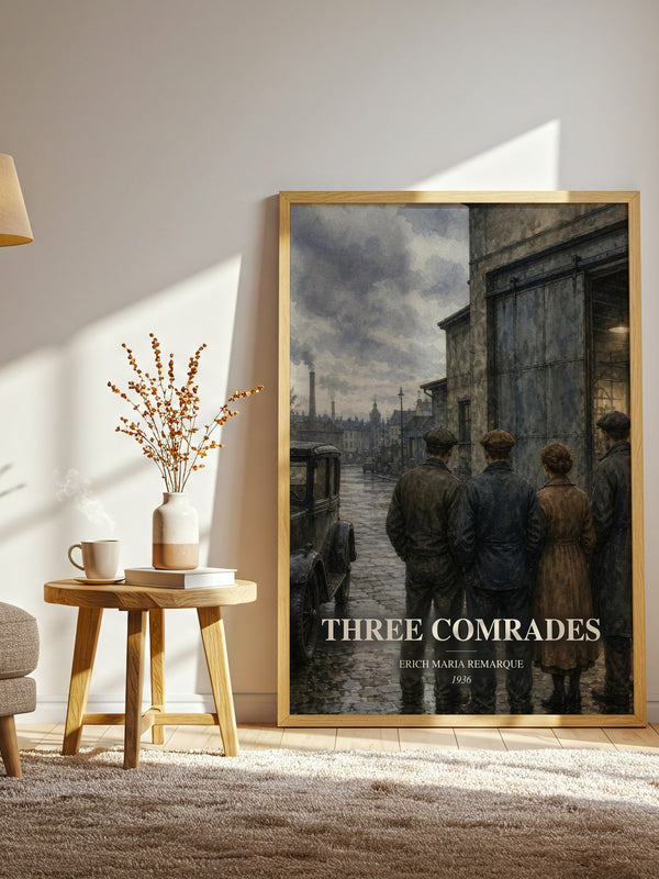 Three Comrades watercolour print in frame leaning in hallway – historical fiction wall art