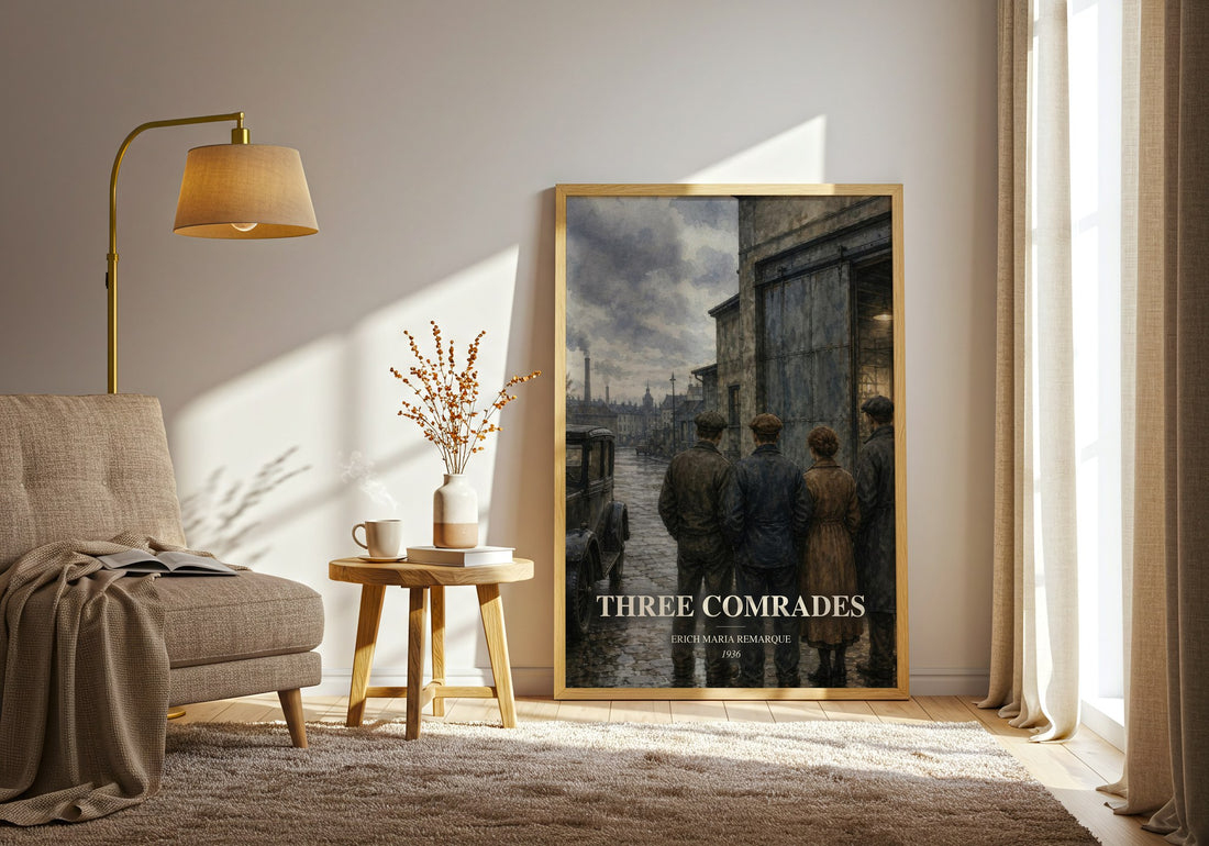 Three Comrades watercolour print in frame leaning in hallway – historical fiction wall art (mockup)