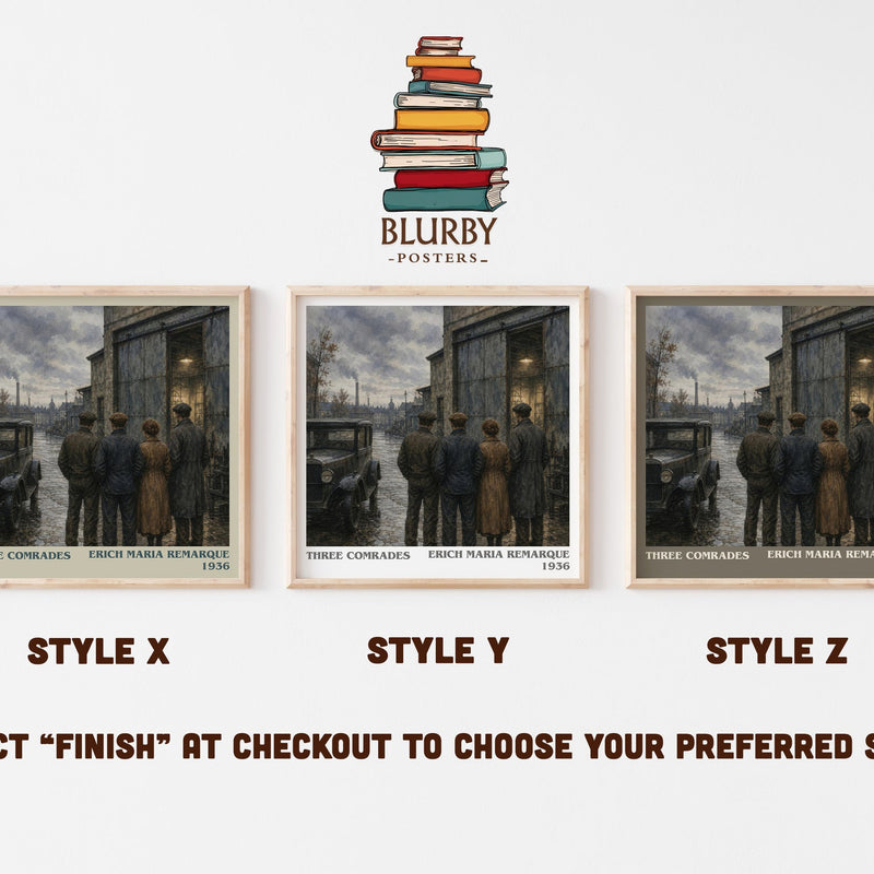 Three Comrades literary print in frame leaning in hallway – historical fiction wall art