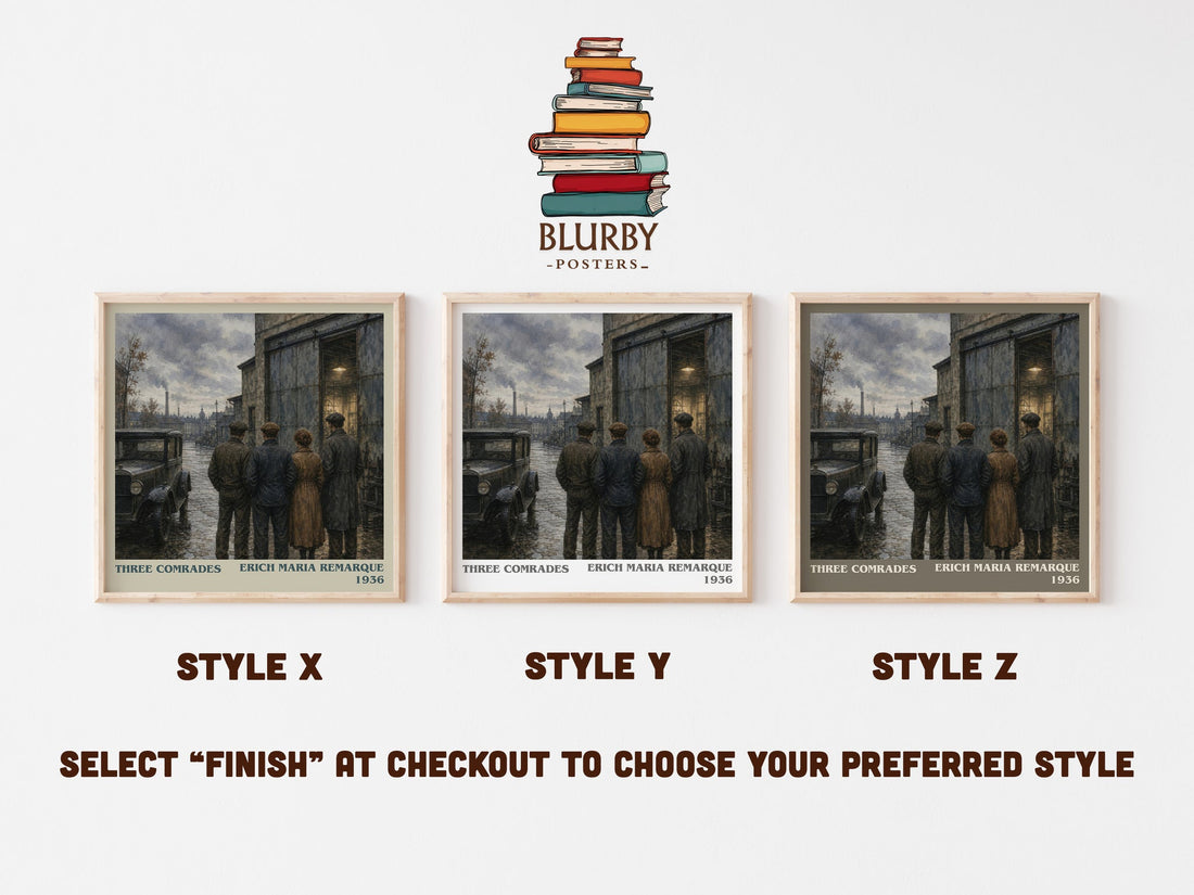 Three Comrades literary print in frame leaning in hallway – historical fiction wall art (mockup)