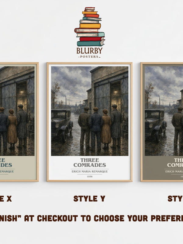 Three Comrades book cover print in frame leaning in hallway – historical fiction wall art