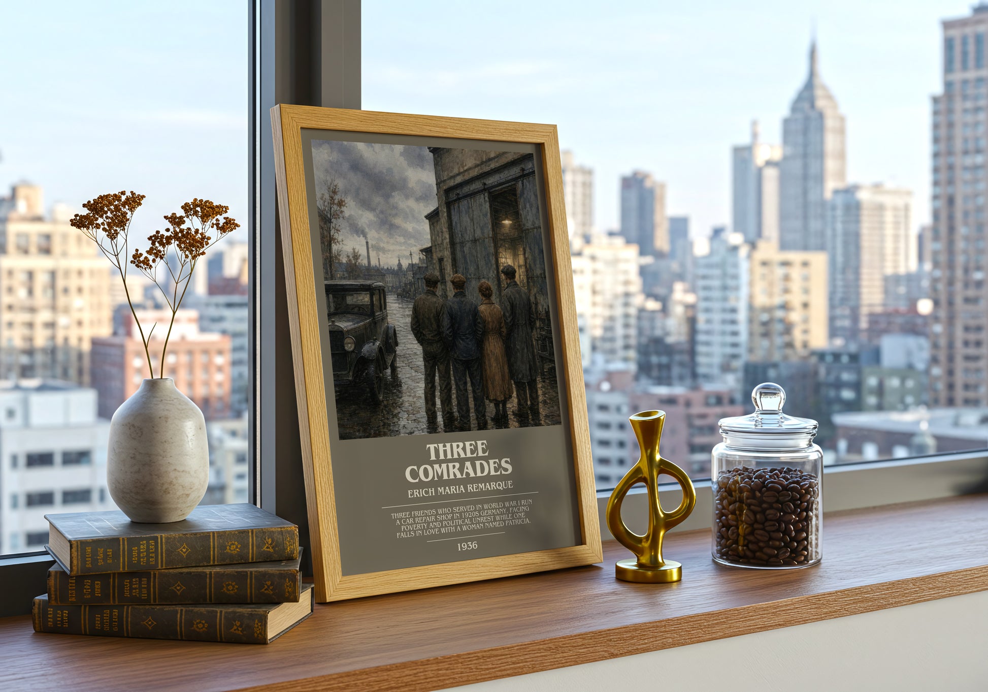 Three Comrades bookish print framed by window – literary home decor