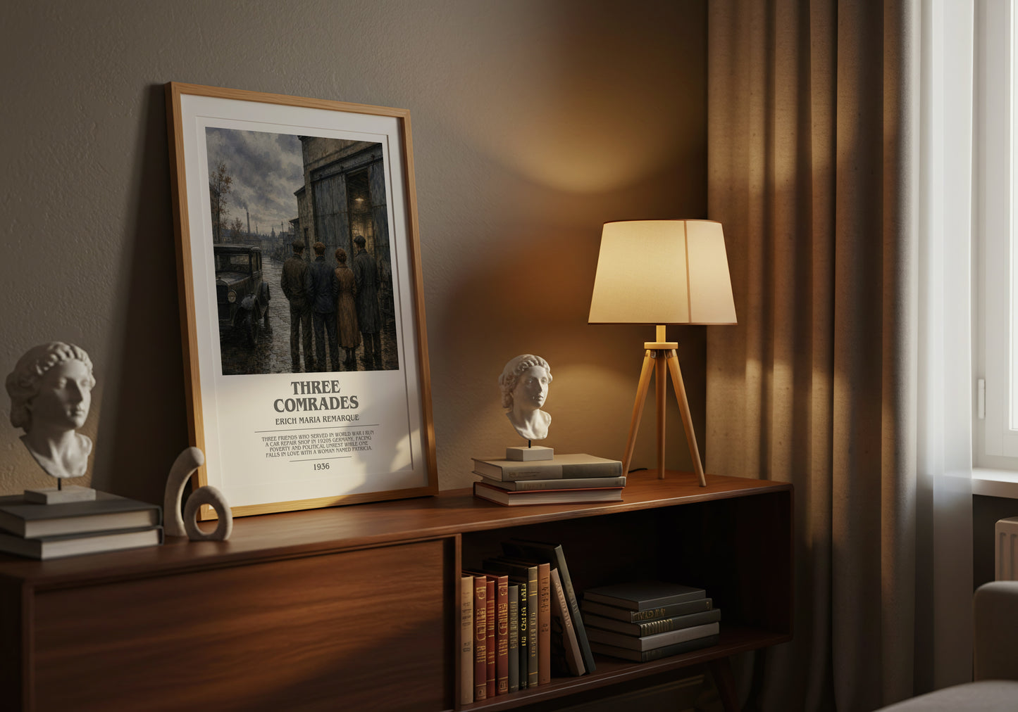 Three Comrades bookish book poster framed on wall – historical fiction wall art