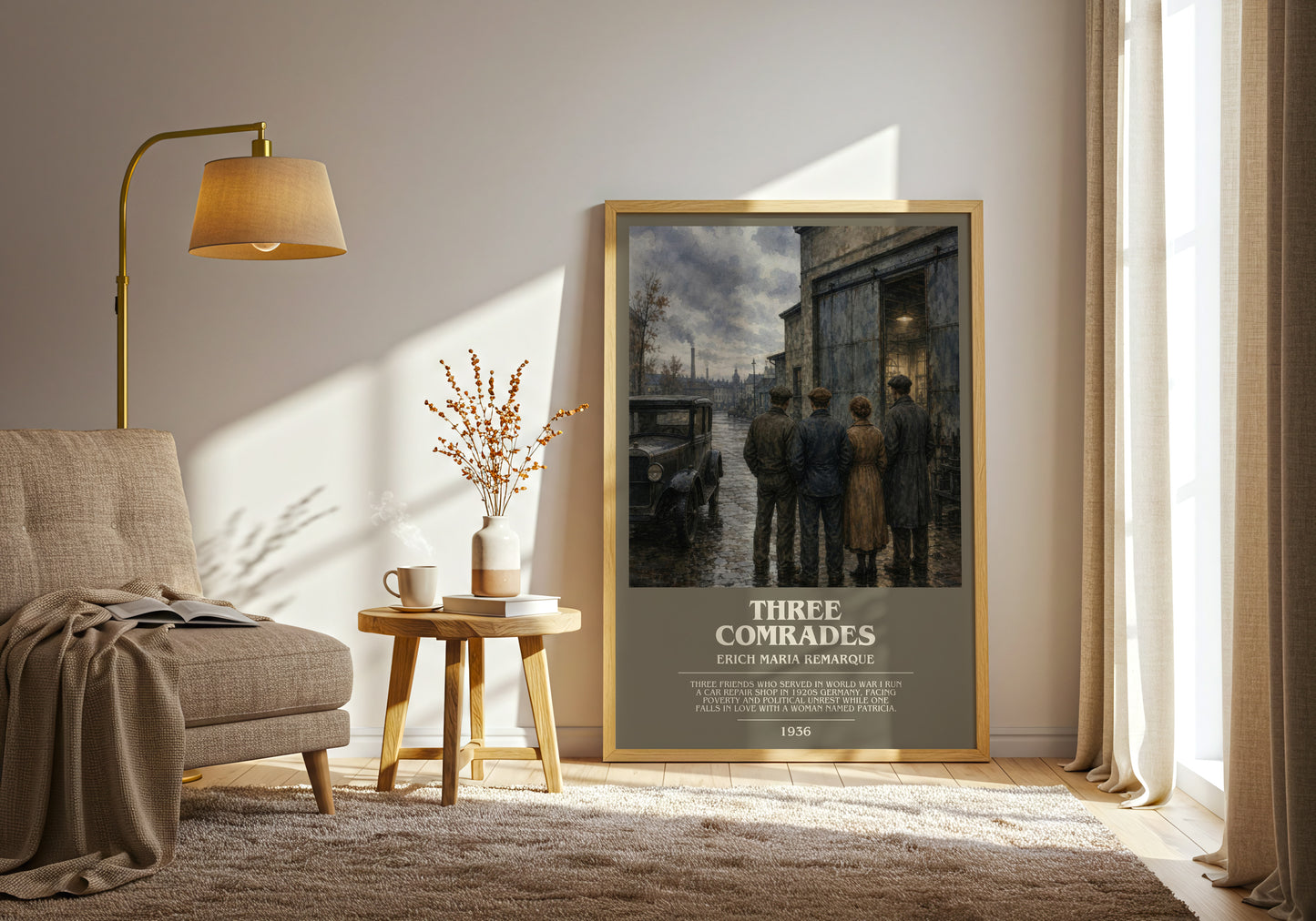 Three Comrades bookish print on bookshelf – Erich Maria Remarque fan gift