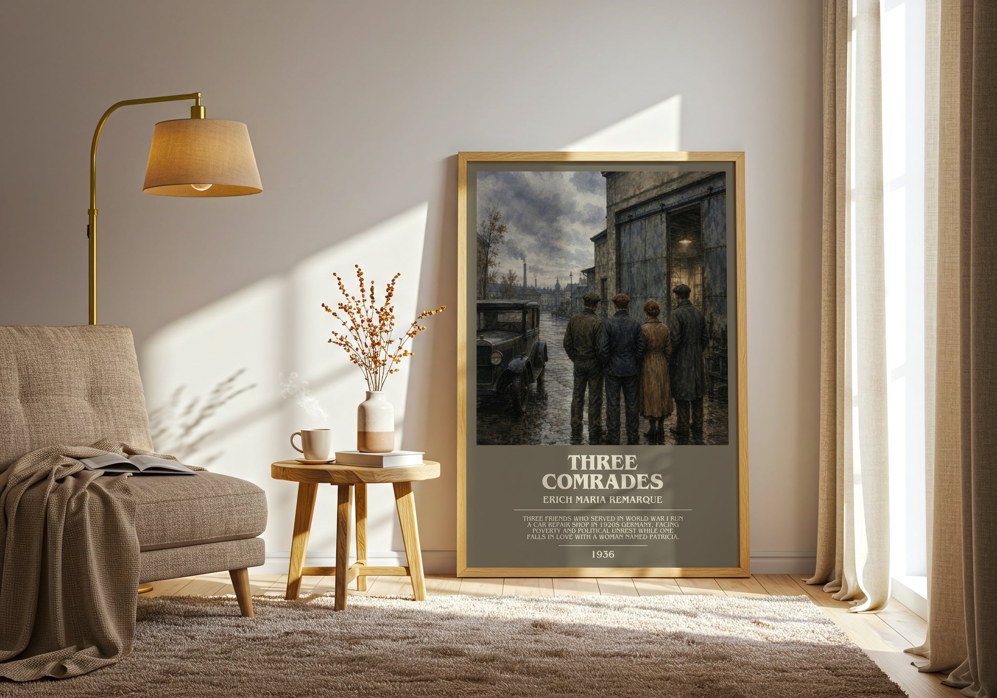 Three Comrades bookish print on bookshelf – Erich Maria Remarque fan gift