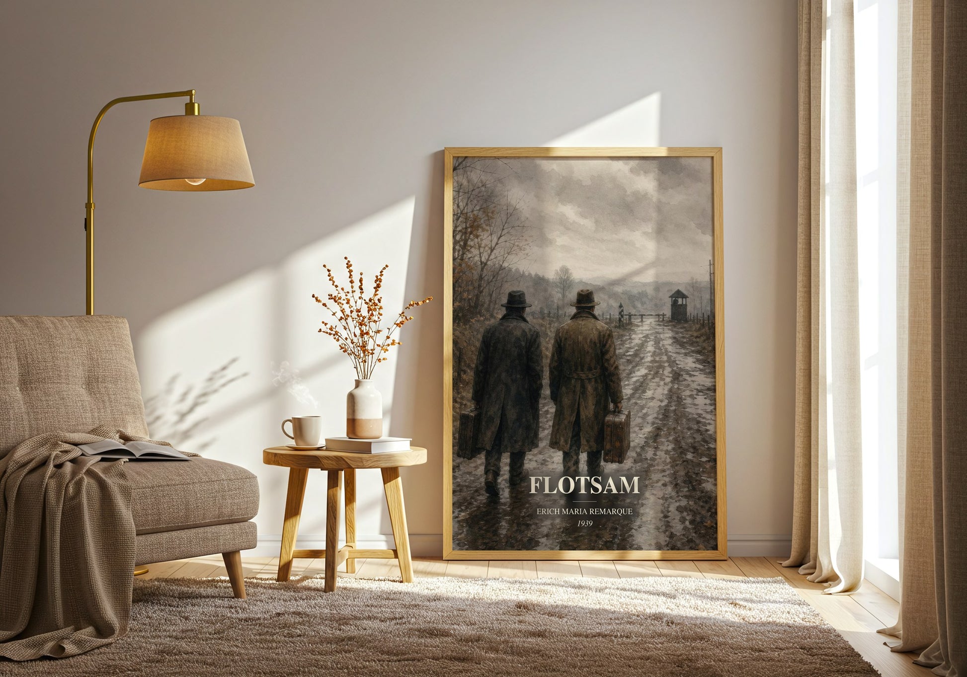 Flotsam watercolour print in frame leaning in hallway – historical fiction wall art