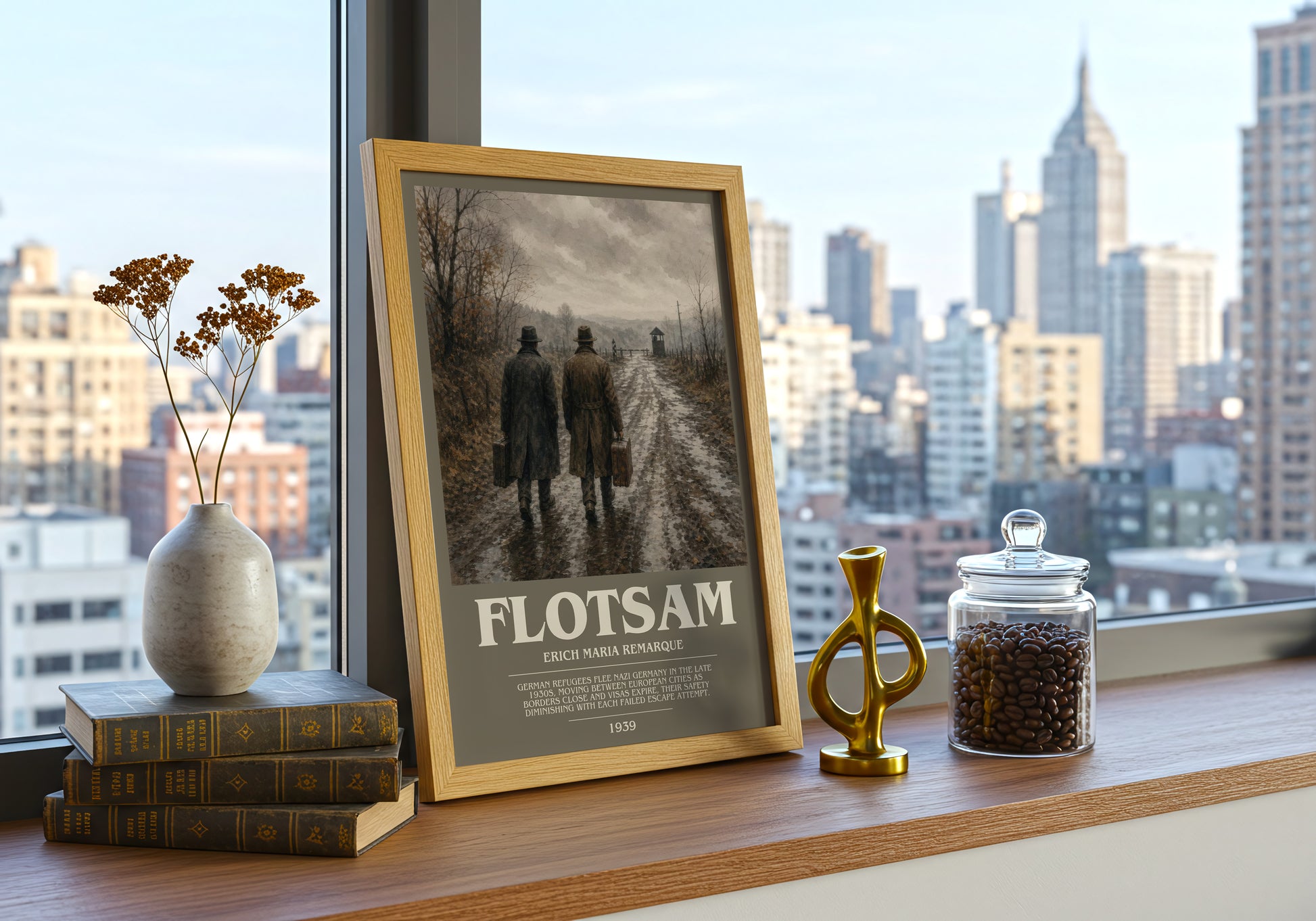 Flotsam bookish print framed by window – literary home decor