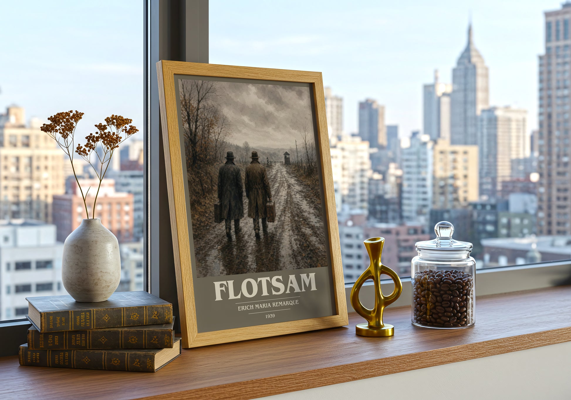 Flotsam book cover print framed by window – literary home decor