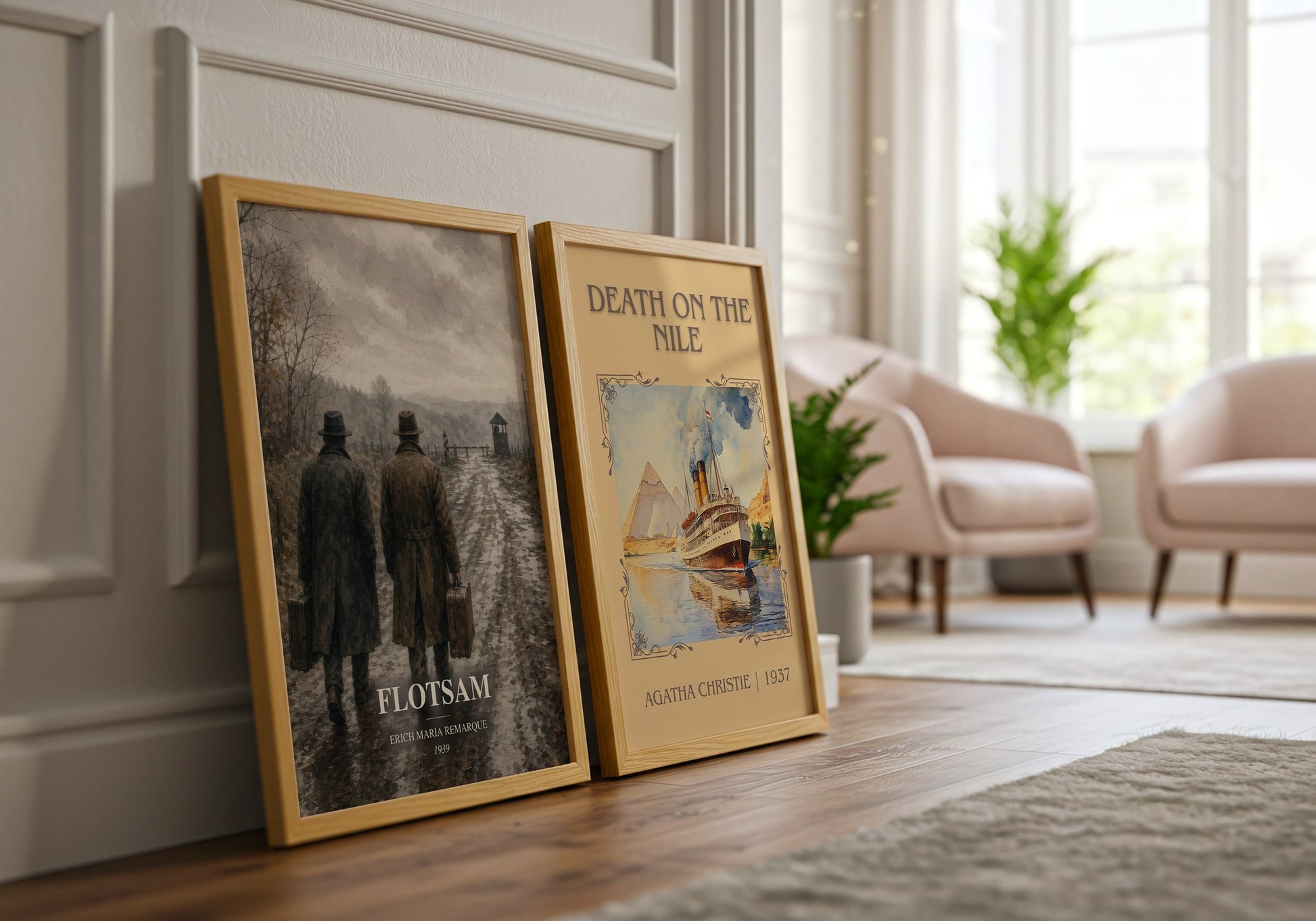 Flotsam watercolour print framed by window – literary home decor