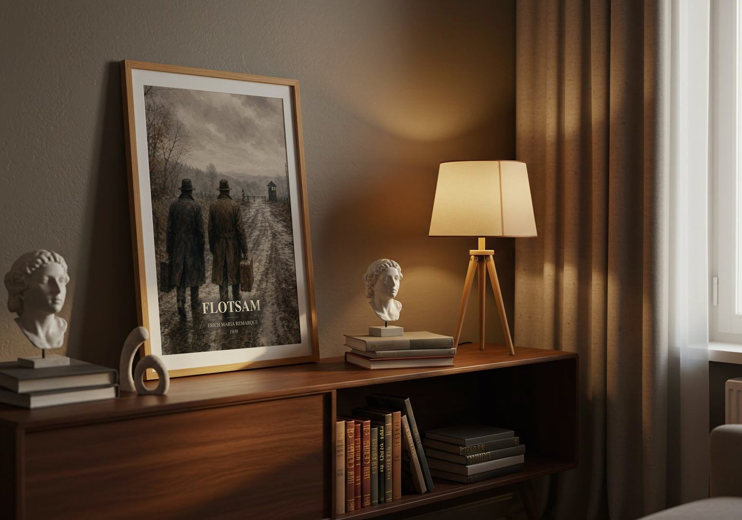 Flotsam watercolour print on bookshelf – Erich Maria Remarque fan gift