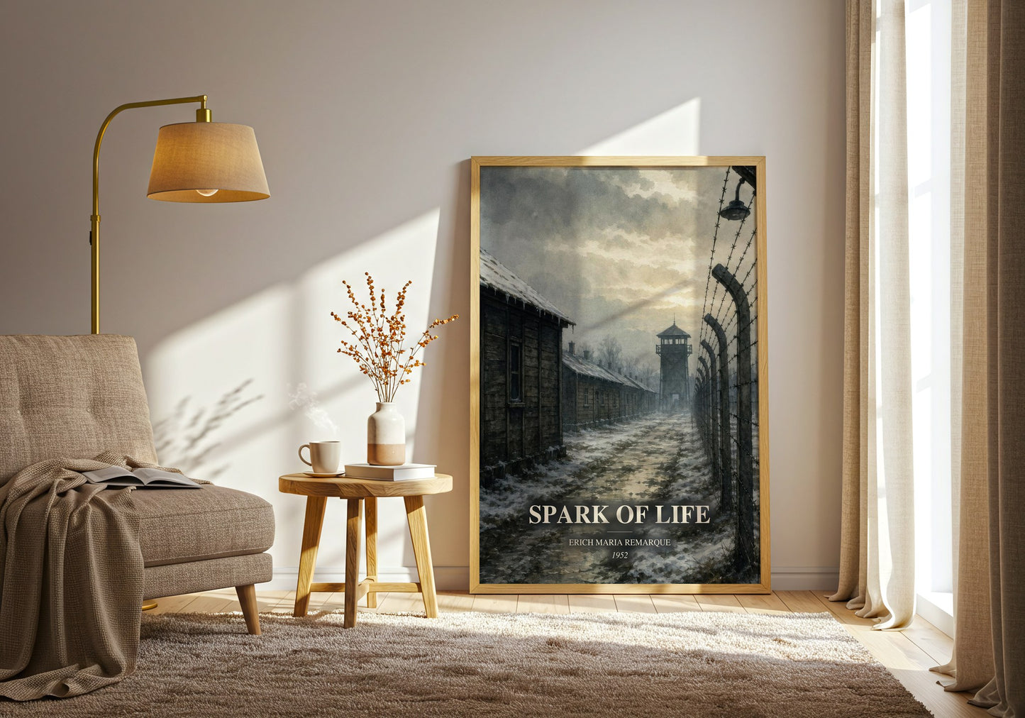 Spark Of Life watercolour print in frame leaning in hallway – historical fiction wall art