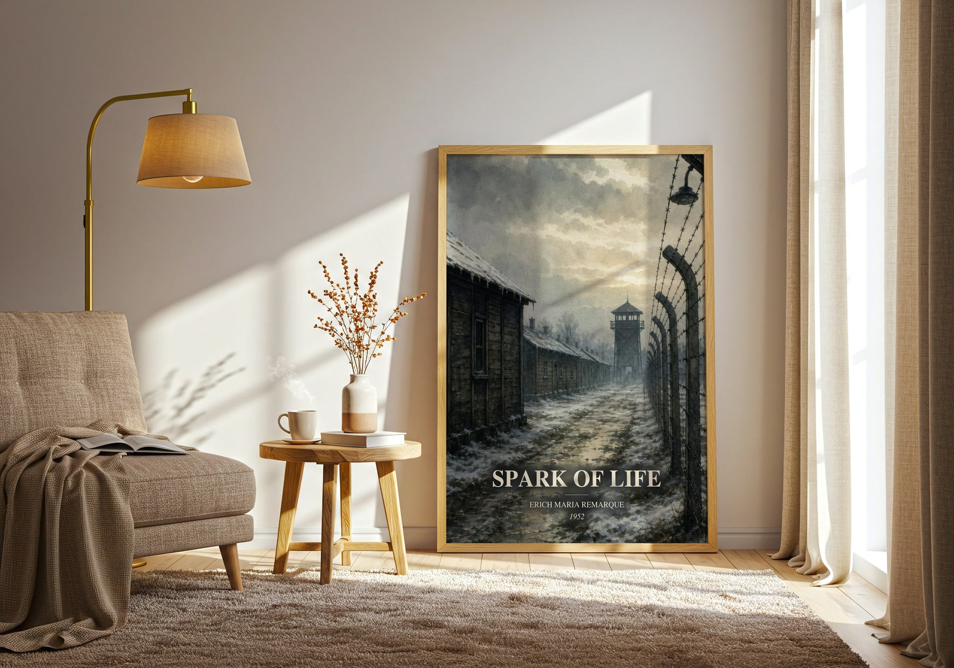 Spark Of Life watercolour print in frame leaning in hallway – historical fiction wall art