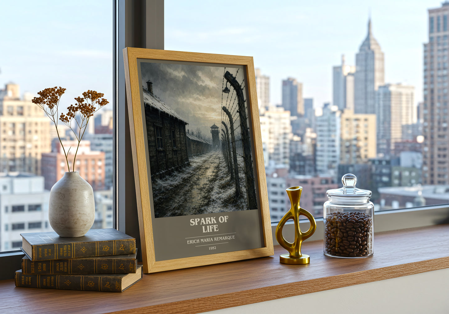 Spark Of Life book cover print framed by window – literary home decor