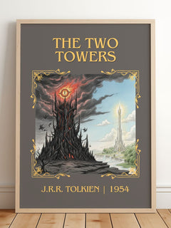 The Two Towers Classic Book Art Print by J.R.R. Tolkien – framed print leaning on a wooden floor