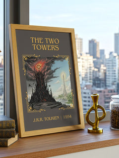 The Two Towers Classic Book Art Print by J.R.R. Tolkien – framed print on a city-view windowsill
