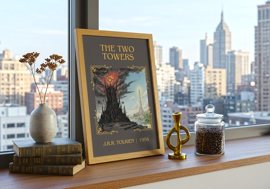 The Two Towers Classic Book Art Print by J.R.R. Tolkien – framed print on a city-view windowsill