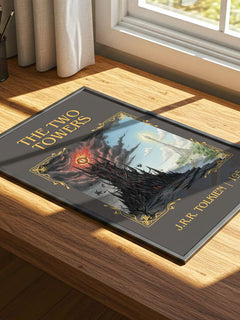 The Two Towers Classic Book Art Print by J.R.R. Tolkien – print on a sunlit desk
