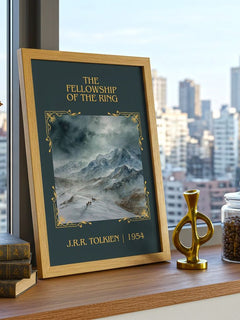 The Fellowship Of The Ring Classic Book Art Print by J.R.R. Tolkien – framed print on a city-view windowsill