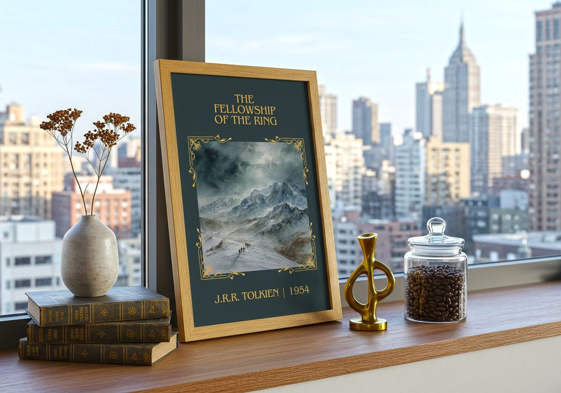 The Fellowship Of The Ring Classic Book Art Print by J.R.R. Tolkien – framed print on a city-view windowsill