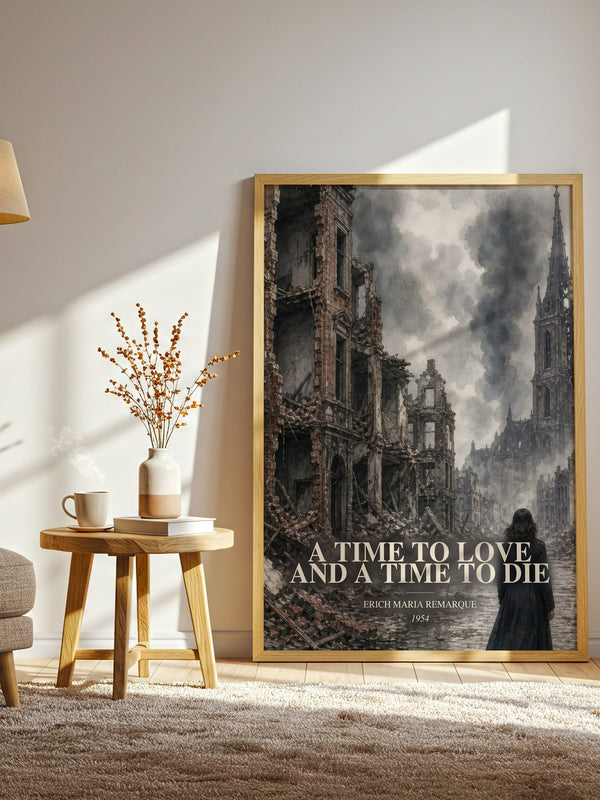 A Time To Love And A Time To Die watercolour print in frame leaning in hallway – historical fiction wall art