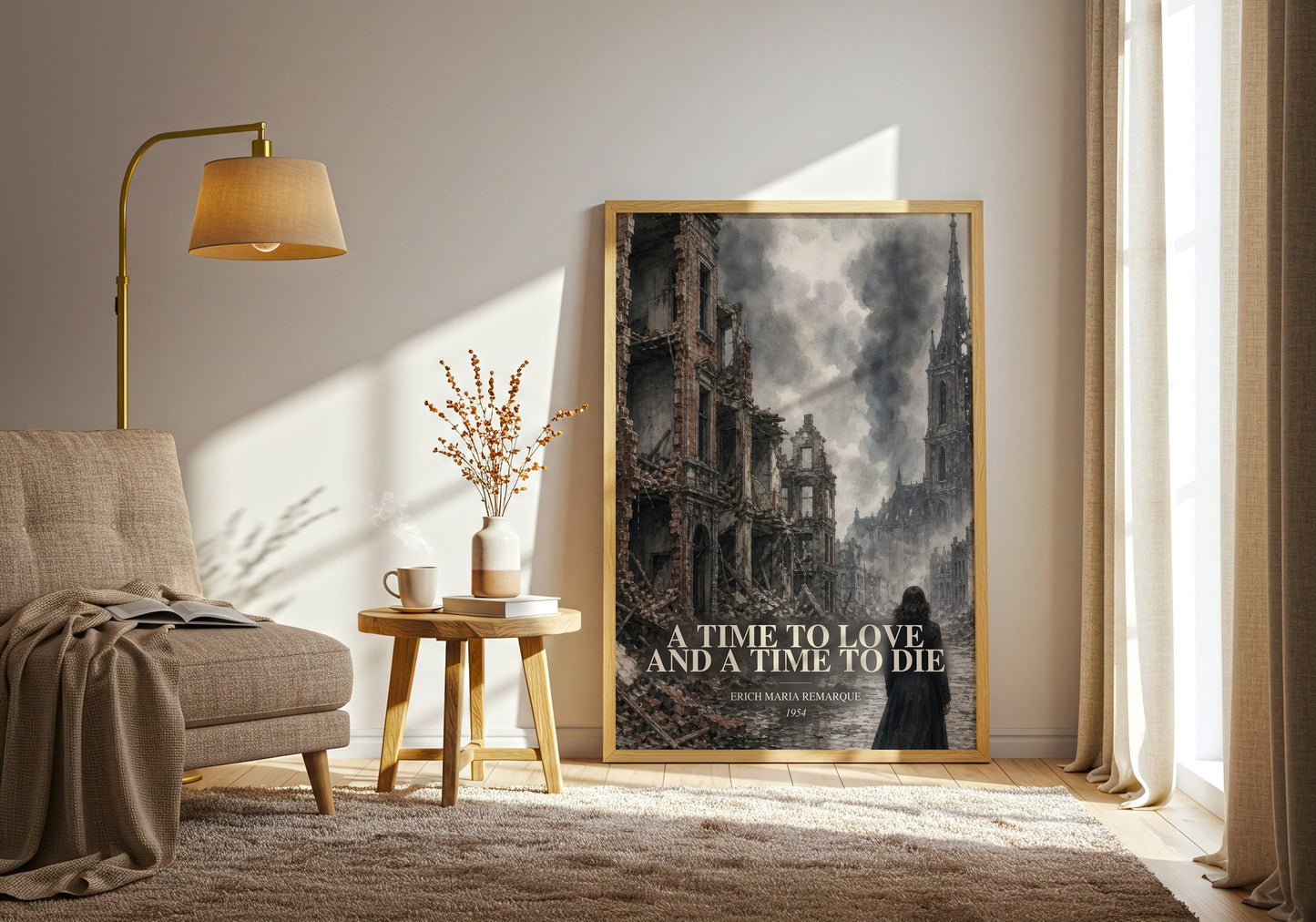 A Time To Love And A Time To Die watercolour print in frame leaning in hallway – historical fiction wall art