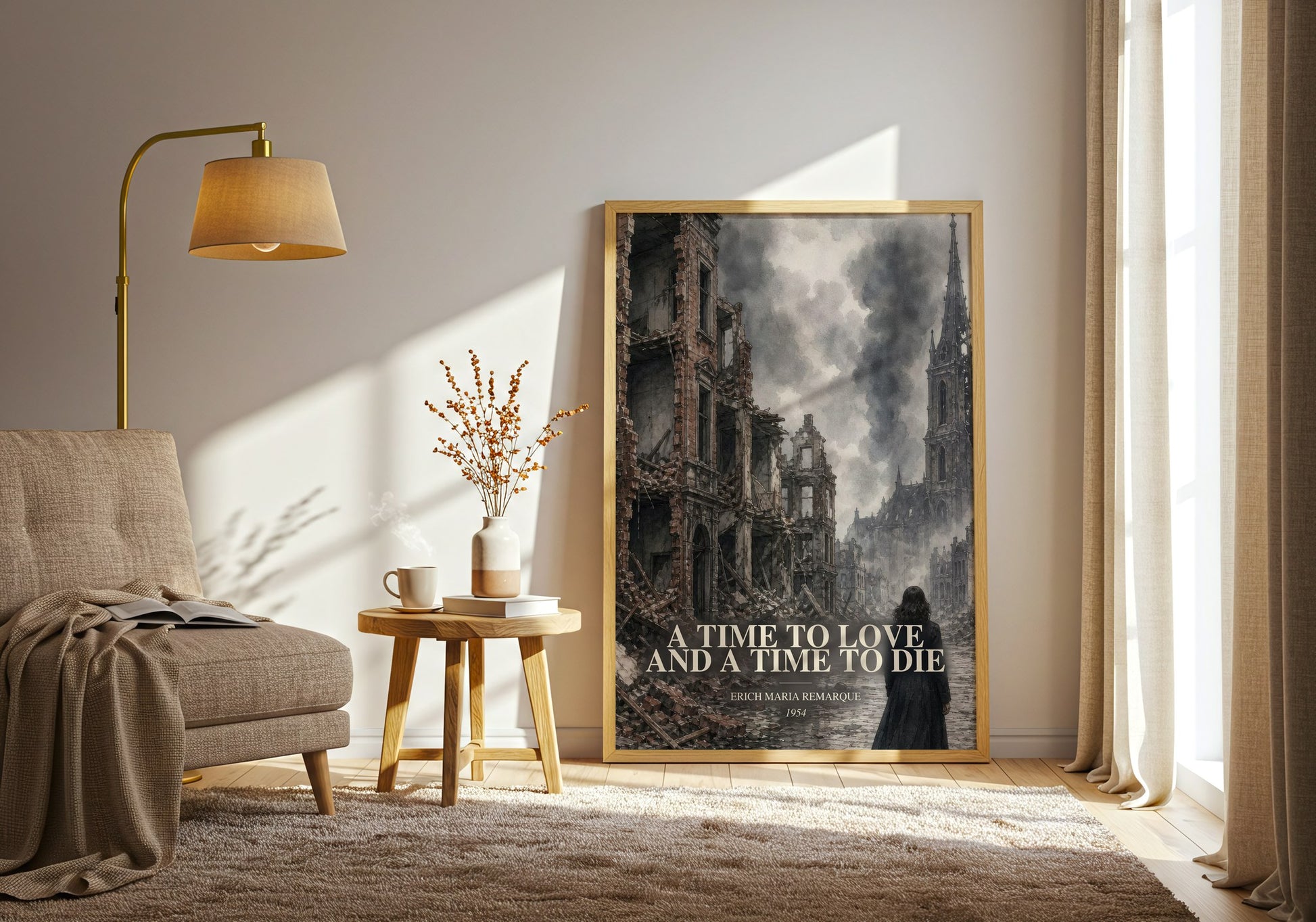 A Time To Love And A Time To Die watercolour print in frame leaning in hallway – historical fiction wall art