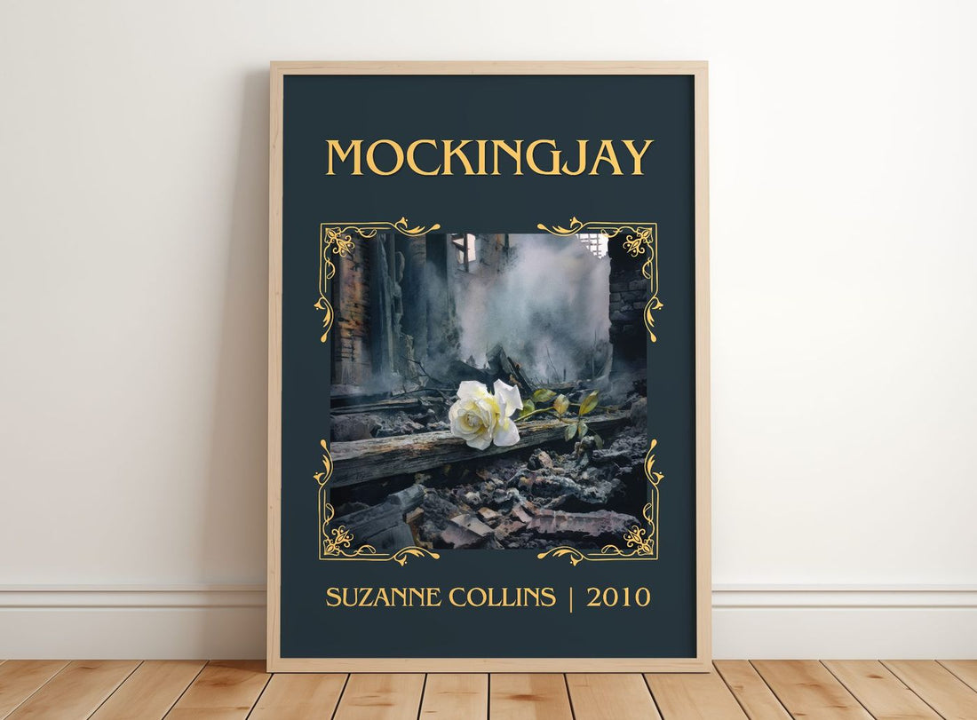 Mockingjay Classic Book Art Print by Suzanne Collins – framed print leaning on a wooden floor