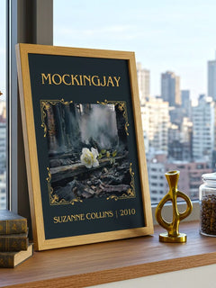 Mockingjay Classic Book Art Print by Suzanne Collins – framed print on a city-view windowsill