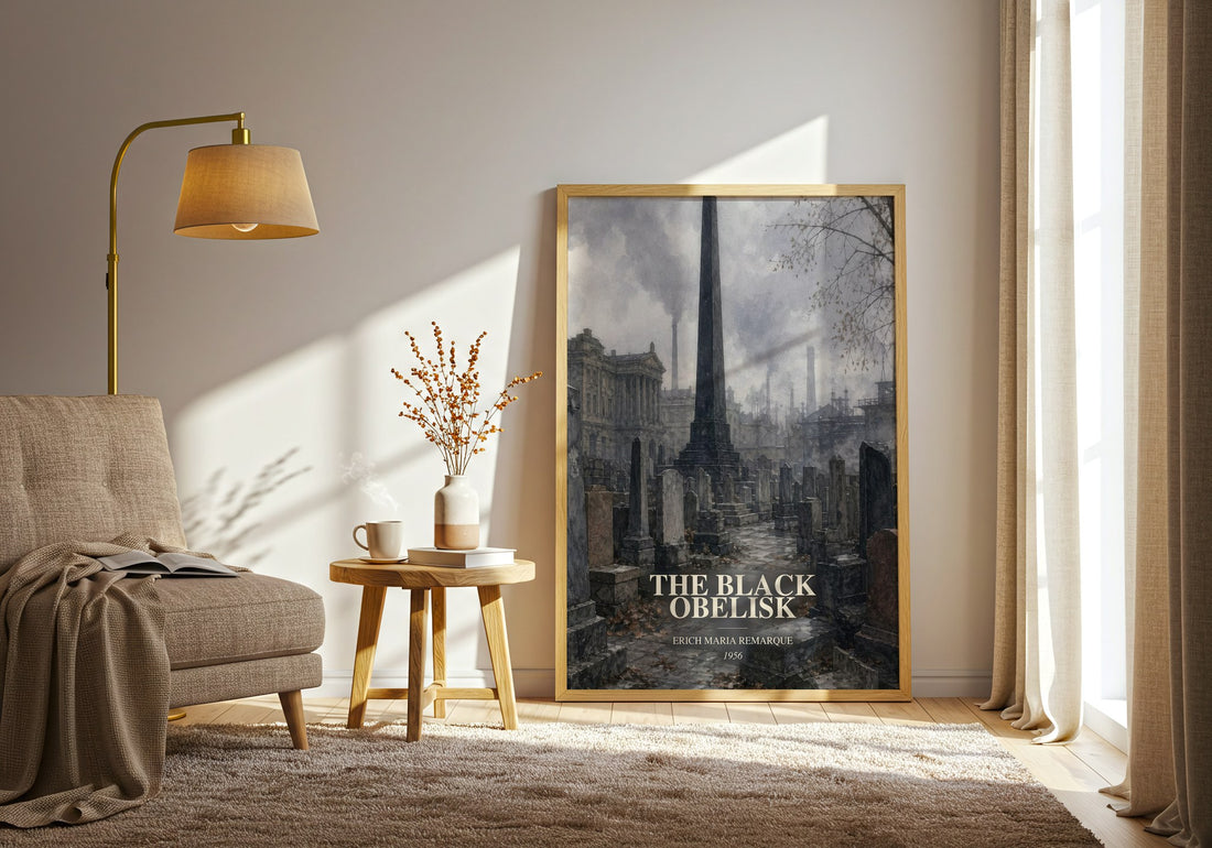 The Black Obelisk watercolour print in frame leaning in hallway – historical fiction wall art (mockup)