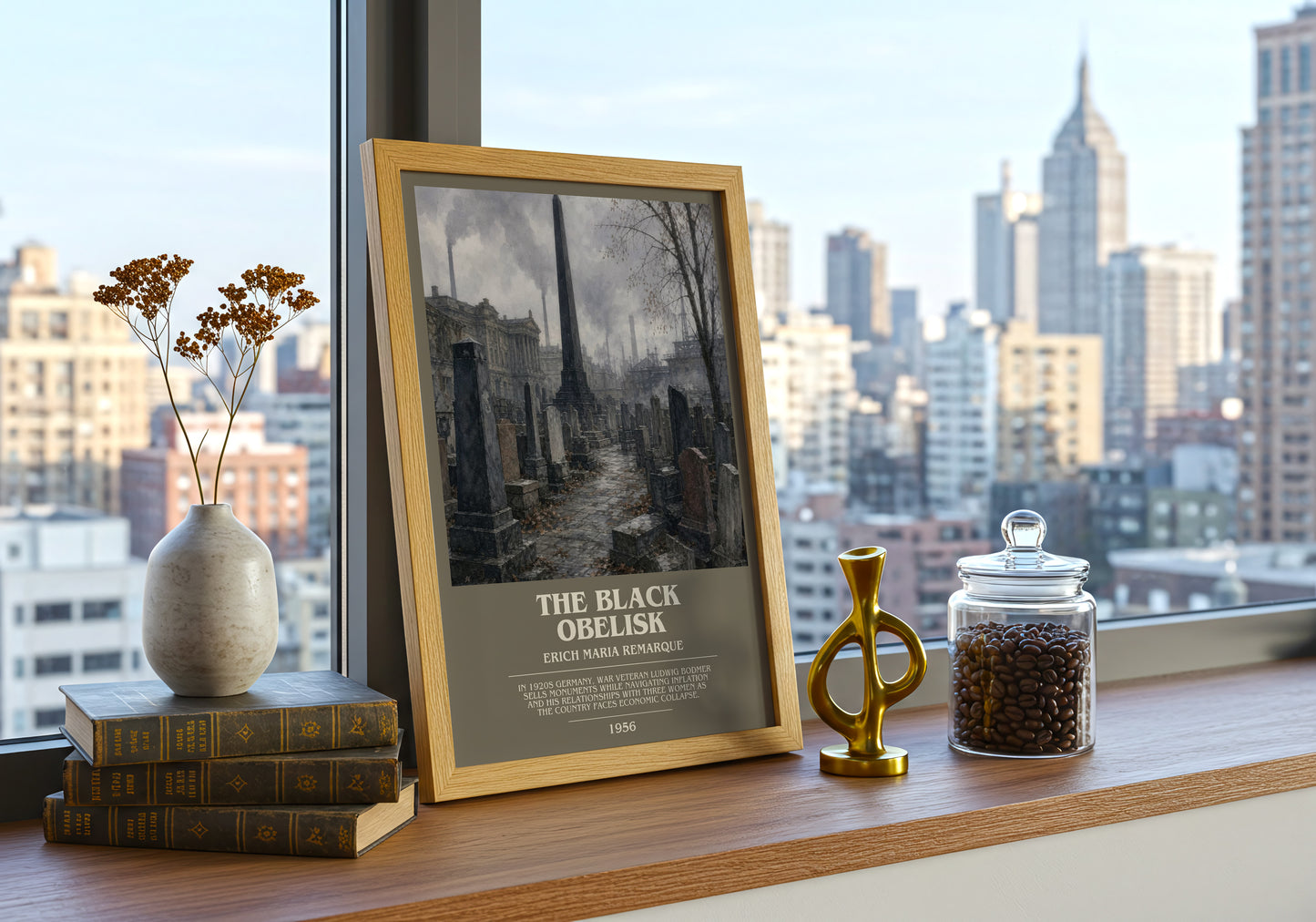 The Black Obelisk bookish print framed by window – literary home decor