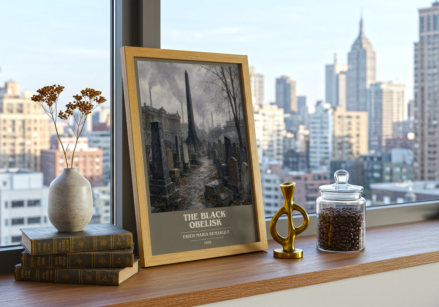 The Black Obelisk book cover print framed by window – literary home decor