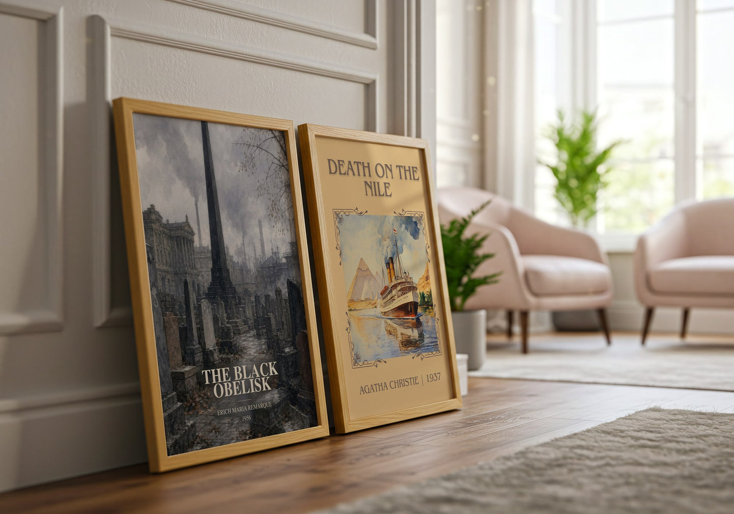 The Black Obelisk watercolour print framed by window – literary home decor