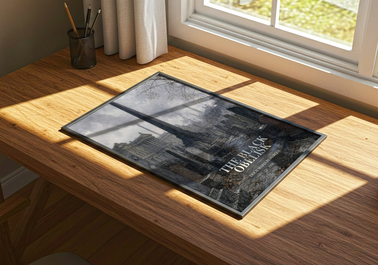 The Black Obelisk watercolour book poster framed on wall – historical fiction wall art
