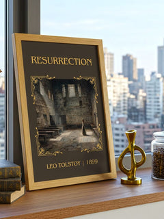 Resurrection Classic Book Art Print by Leo Tolstoy – framed print on a city-view windowsill