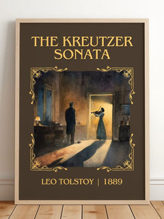 The Kreutzer Sonata Classic Book Art Print by Leo Tolstoy – framed print leaning on a wooden floor