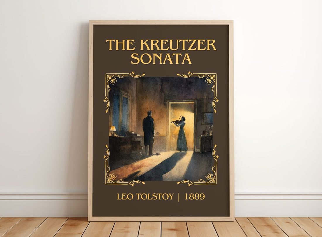 The Kreutzer Sonata Classic Book Art Print by Leo Tolstoy – framed print leaning on a wooden floor