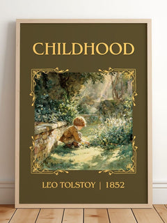 Childhood Classic Book Art Print by Leo Tolstoy – framed print leaning on a wooden floor