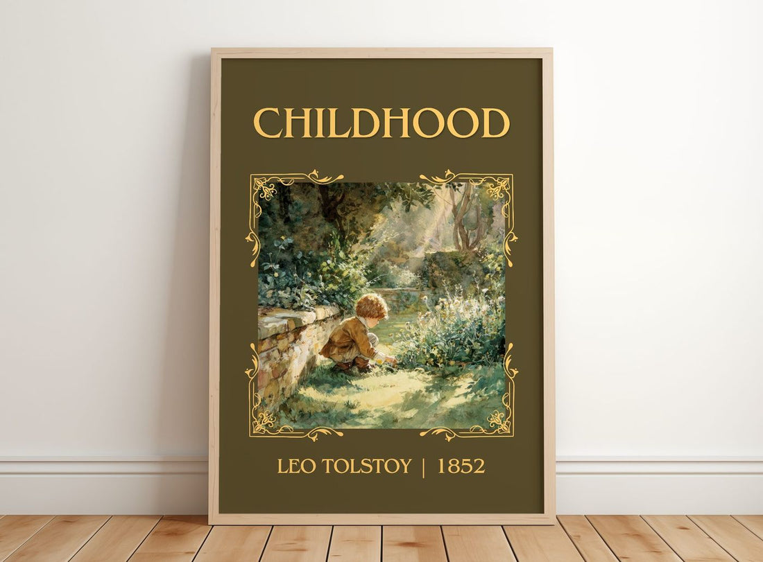 Childhood Classic Book Art Print by Leo Tolstoy – framed print leaning on a wooden floor
