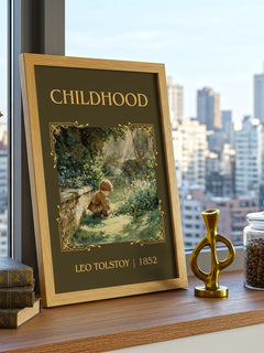 Childhood Classic Book Art Print by Leo Tolstoy – framed print on a city-view windowsill