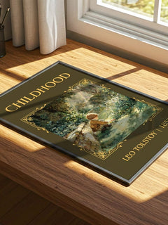 Childhood Classic Book Art Print by Leo Tolstoy – print on a sunlit desk