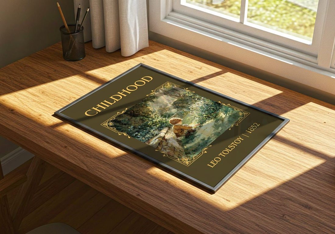 Childhood Classic Book Art Print by Leo Tolstoy – print on a sunlit desk