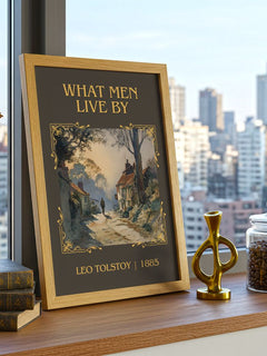 What Men Live By Classic Book Art Print by Leo Tolstoy – framed print on a city-view windowsill
