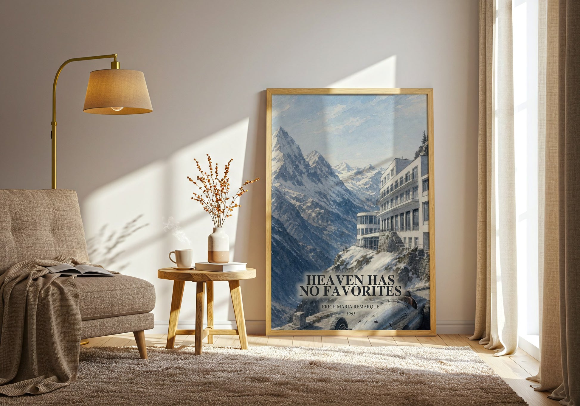 Heaven Has No Favorites watercolour print in frame leaning in hallway – literary fiction wall art