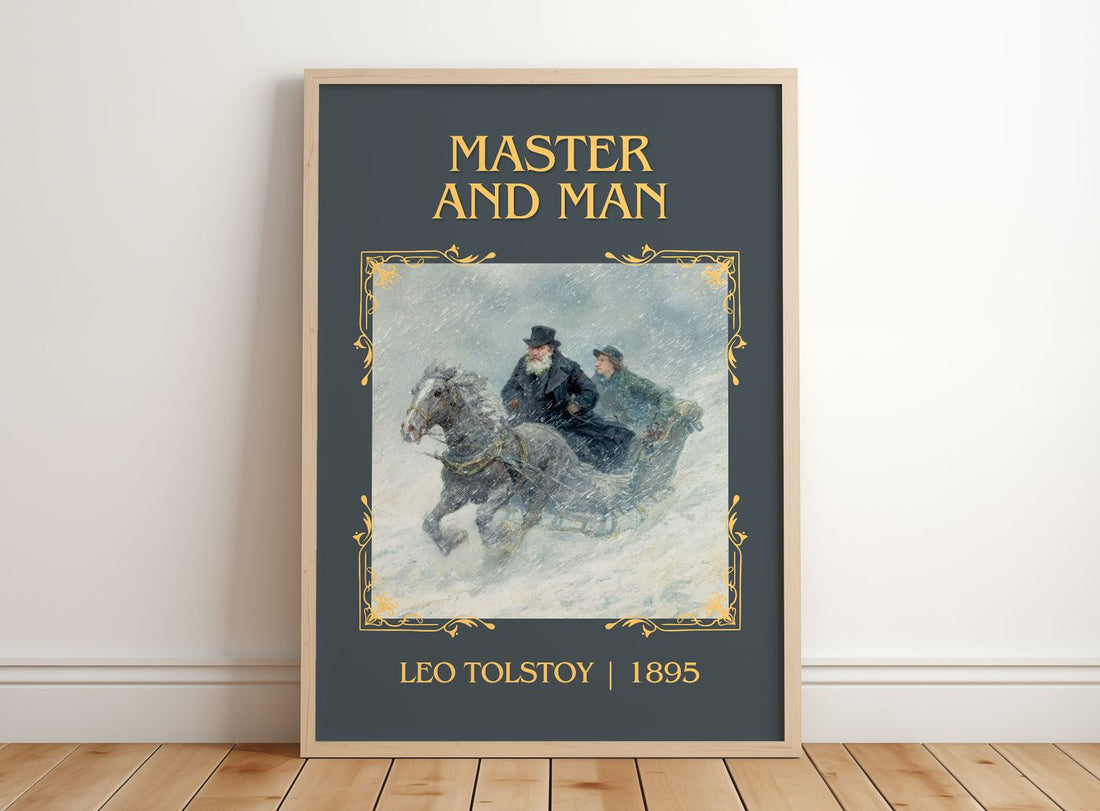 Master And Man Classic Book Art Print by Leo Tolstoy – framed print leaning on a wooden floor