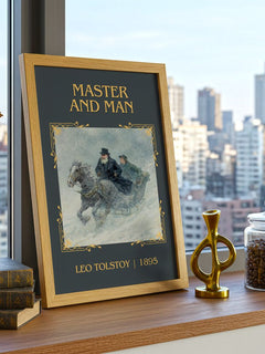 Master And Man Classic Book Art Print by Leo Tolstoy – framed print on a city-view windowsill