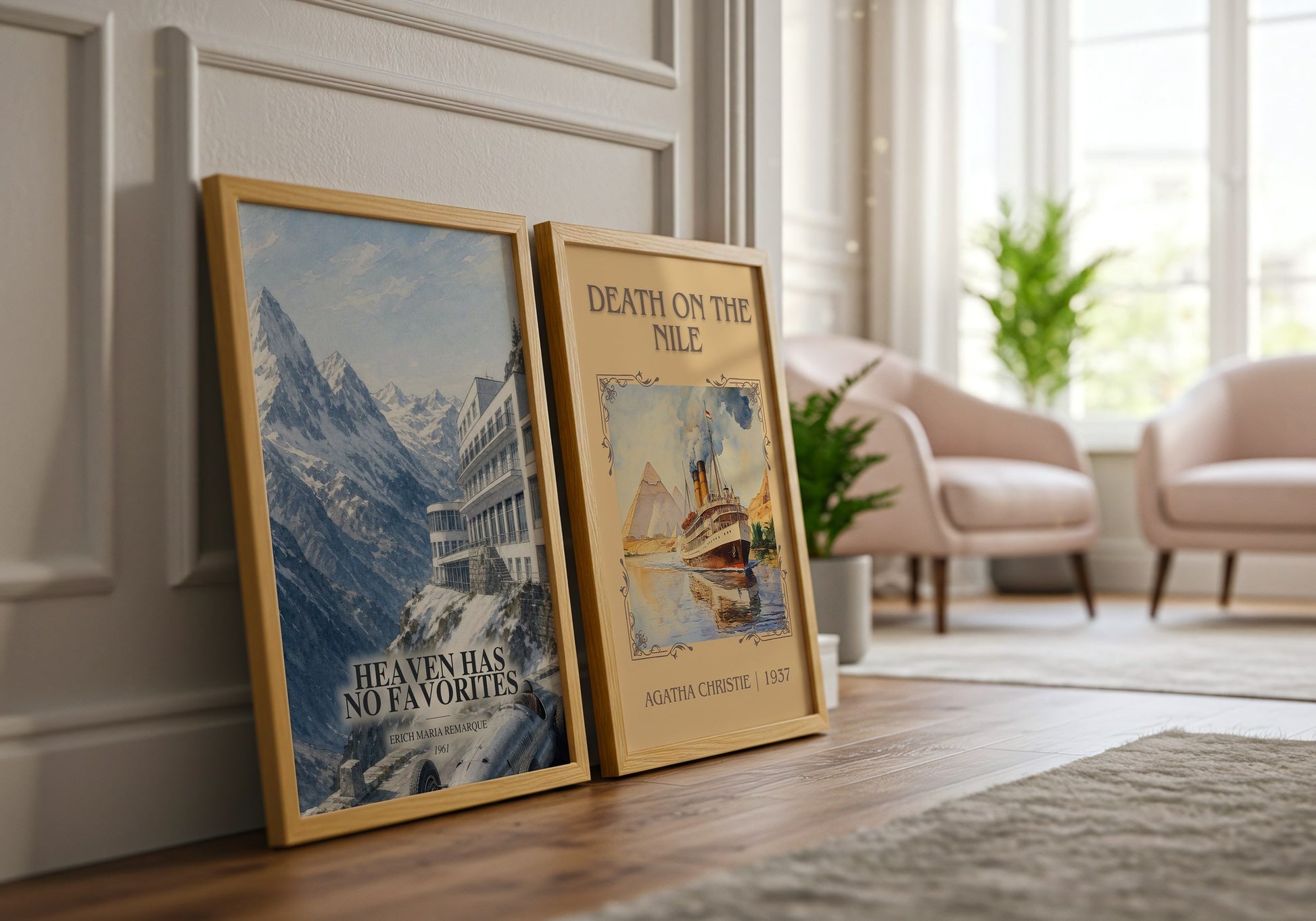 Heaven Has No Favorites watercolour print framed by window – literary home decor
