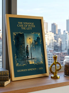 Strange Case Of Peter The Lett Classic Book Art Print by G. Simenon – framed print on a city-view windowsill