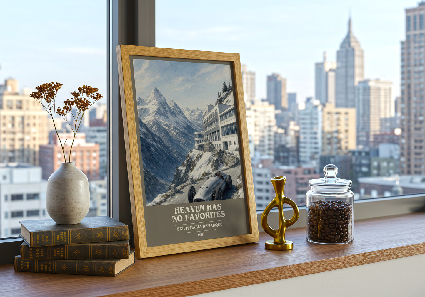 Heaven Has No Favorites book cover print framed by window – literary home decor