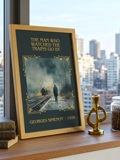 Man Who Watched The Trains Go By Classic Book Art Print by G. Simenon – framed print on a city-view windowsill